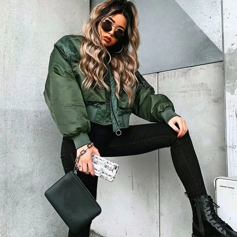 Long sleeve zipper bomber jacket outwear women&