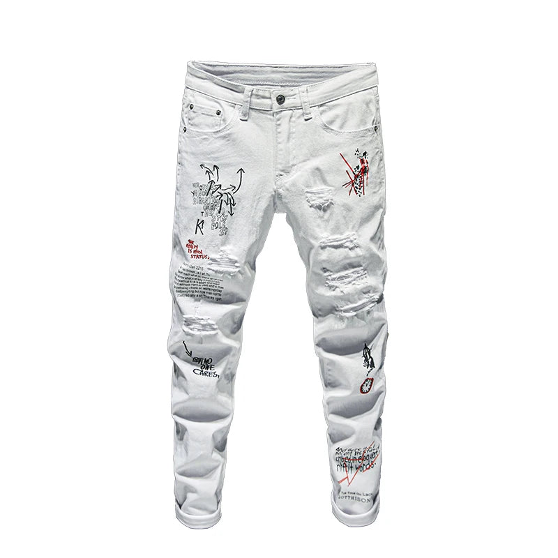 Men’s Ripped Printed Skinny Jeans | Hip Hop Streetwear Denim Pants