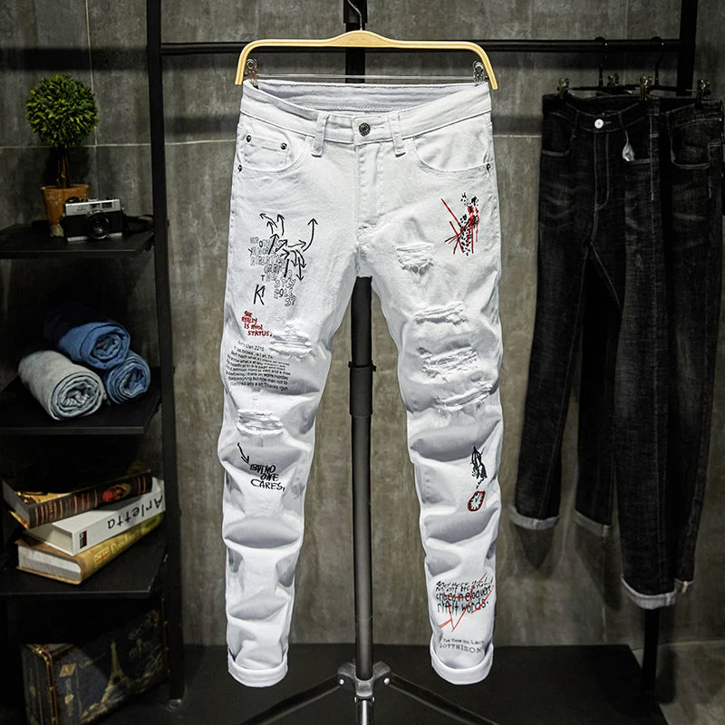Men’s Ripped Printed Skinny Jeans | Hip Hop Streetwear Denim Pants