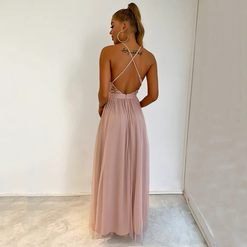 Red Sequin Backless Corset Maxi Dress