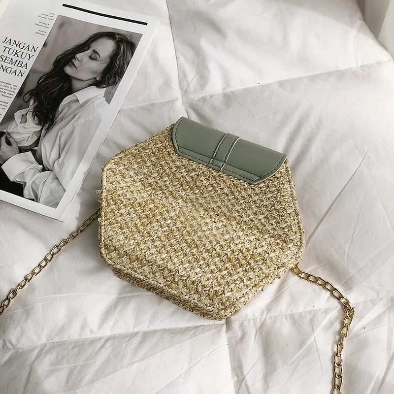 Bohemian Hexagon Straw & Leather Handbag