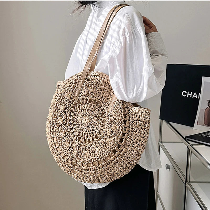 Women’s Round Straw Woven Beach Tote Shoulder Bag