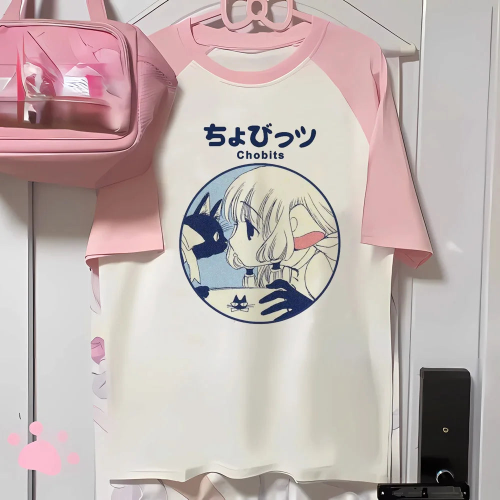 Women’s Kawaii Vintage Cartoon Tee with O-Neck