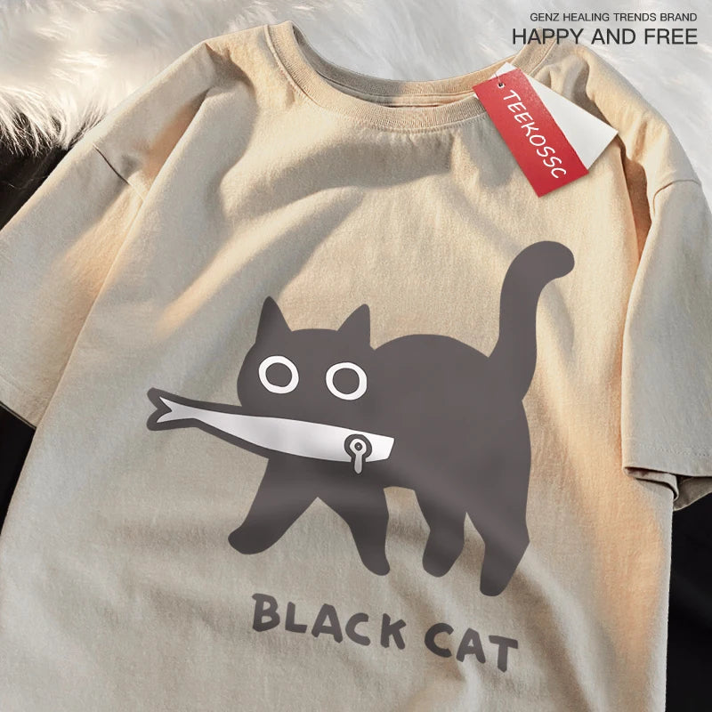 Japanese Style Cat Print Cotton T-Shirt