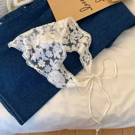White Woven Floral Lace Headscarf for Women