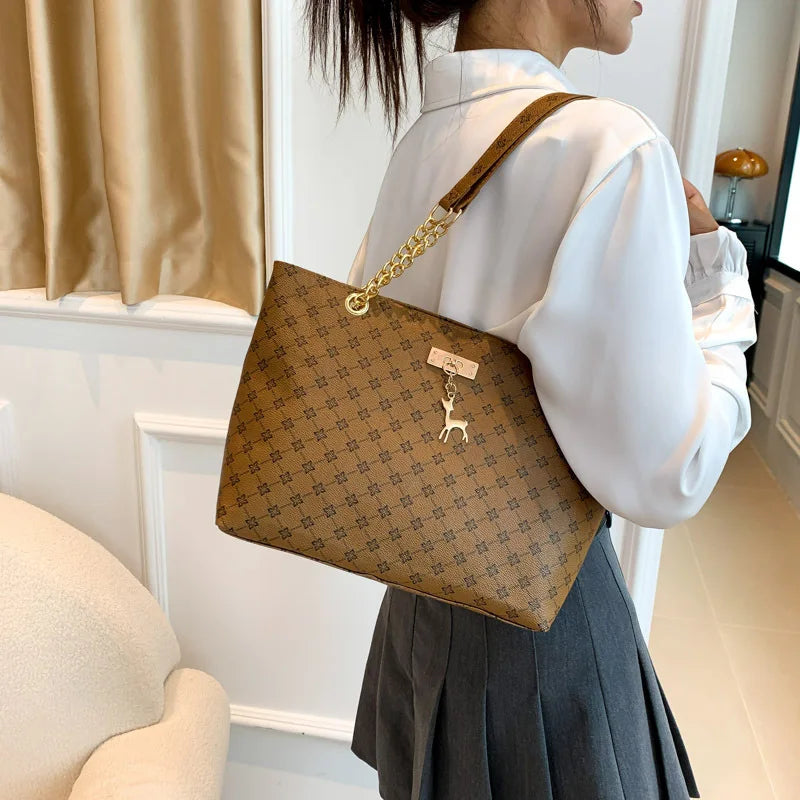 Soft Leather Plaid Shoulder Tote Bag