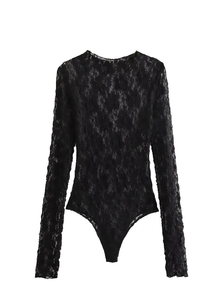 Sexy Hollow Out Long Sleeve Slim Bodysuit, Chic Clubwear