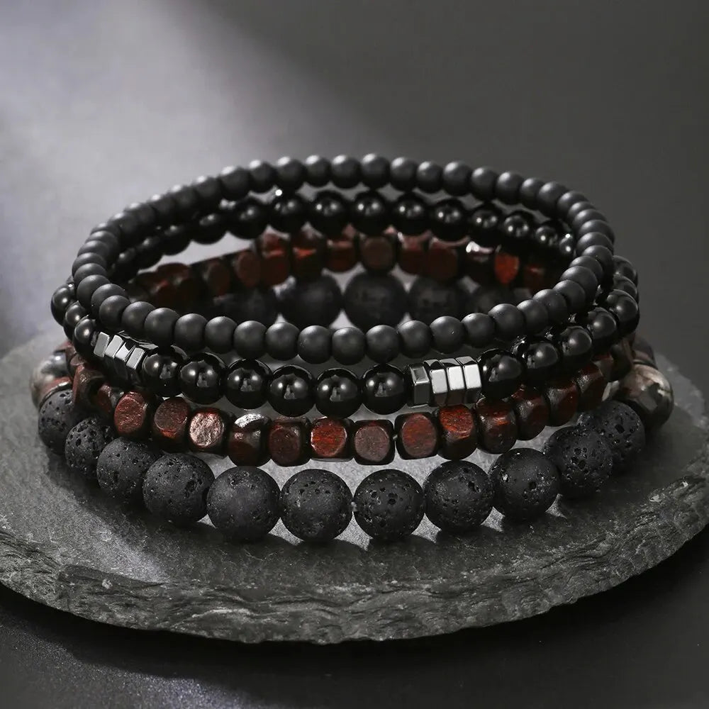 Black Volcanic Stone & Wood Beads Bracelets