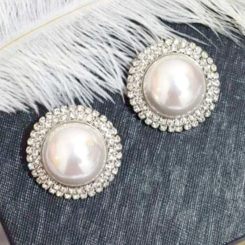 Exaggerated Rhinestone Pearl Stud Earrings for Women