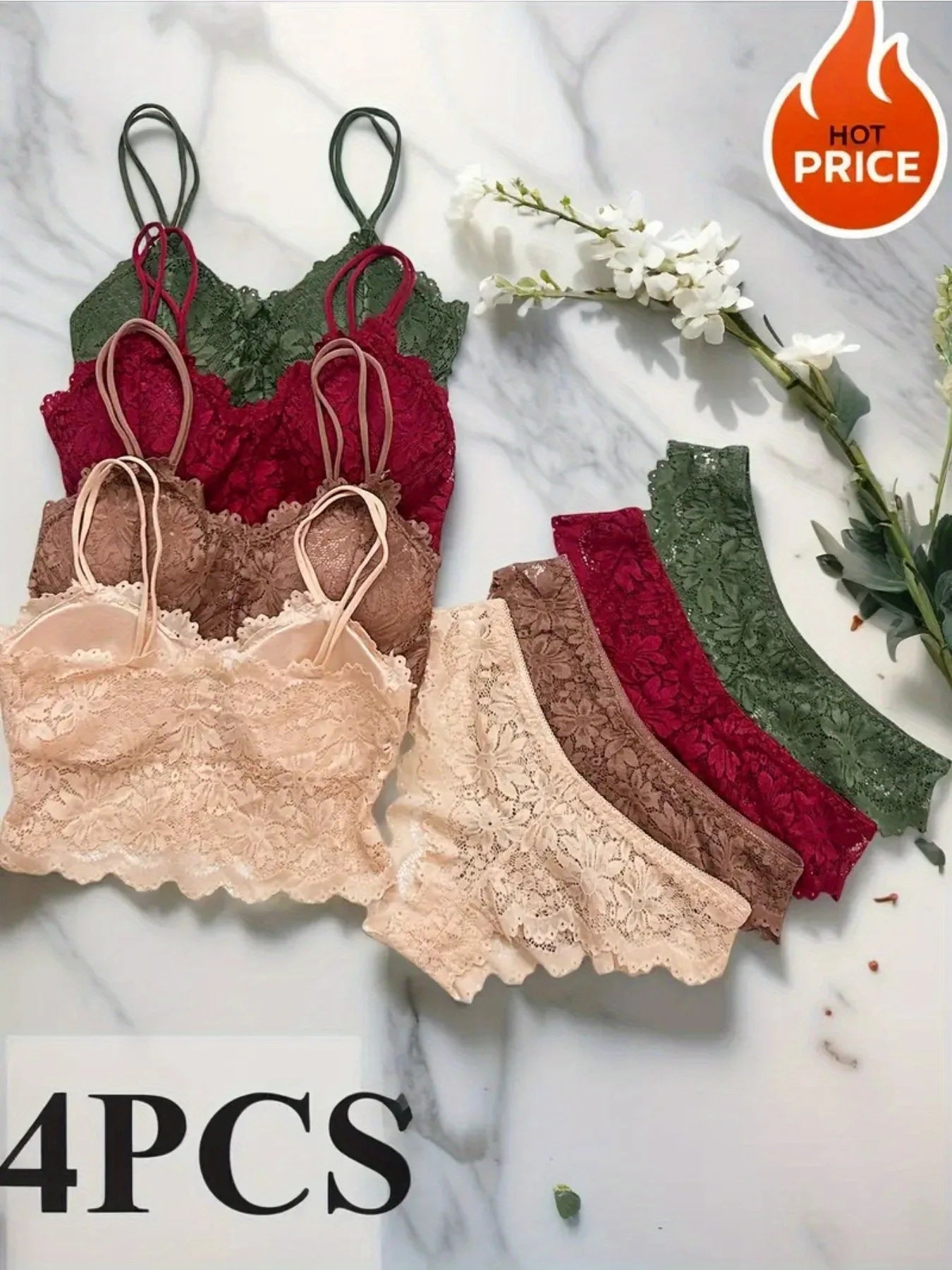 8pcs Wire-Free Lace Lingerie Set | 4 Bras & 4 Panties Combo