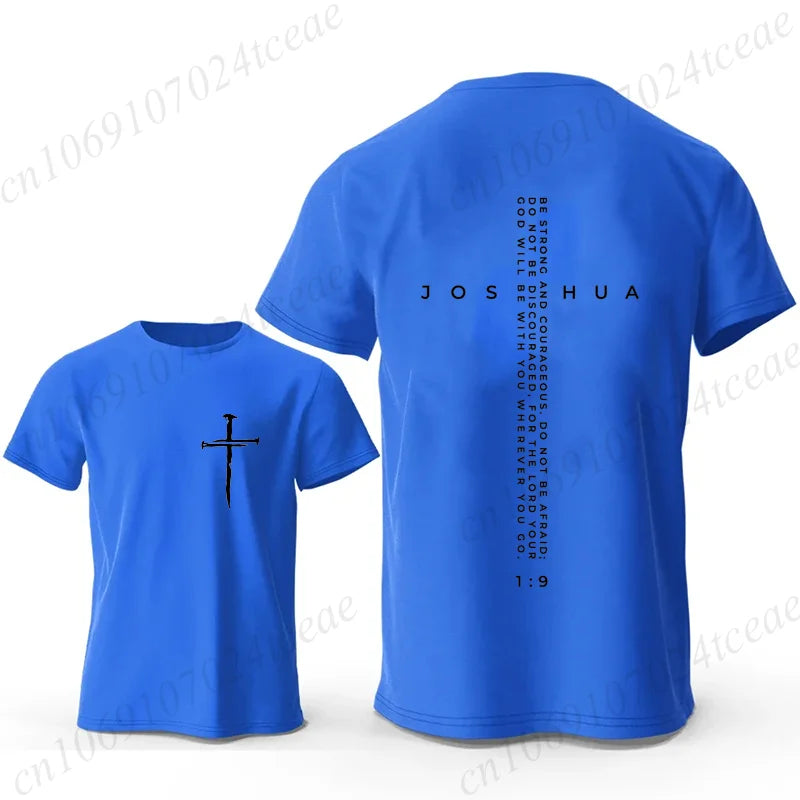 Be Strong and Courageous Bible Verse Tee, Minimalist Cross Christian Shirt T-Shirts, Inspirational Scripture Tops Gift for Faith
