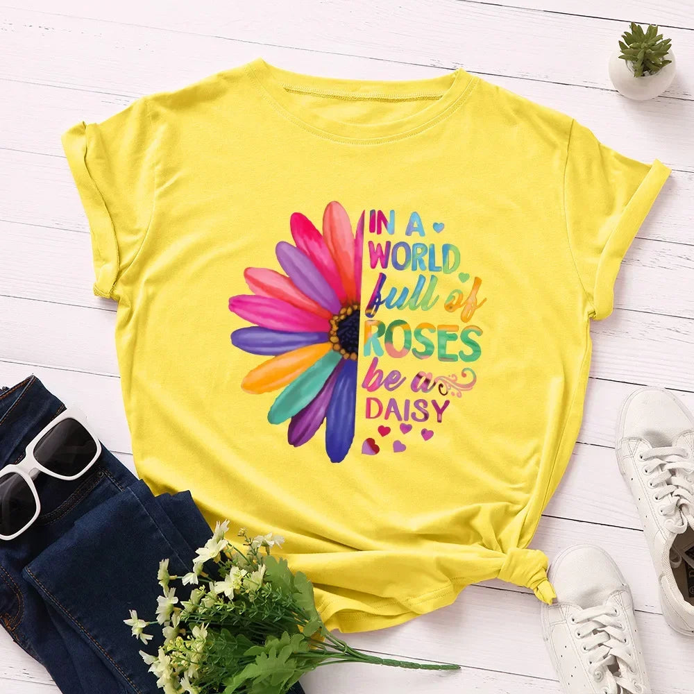 Women’s Daisy & Sunflower Print T-Shirt | Loose Short Sleeve Oversized Tee