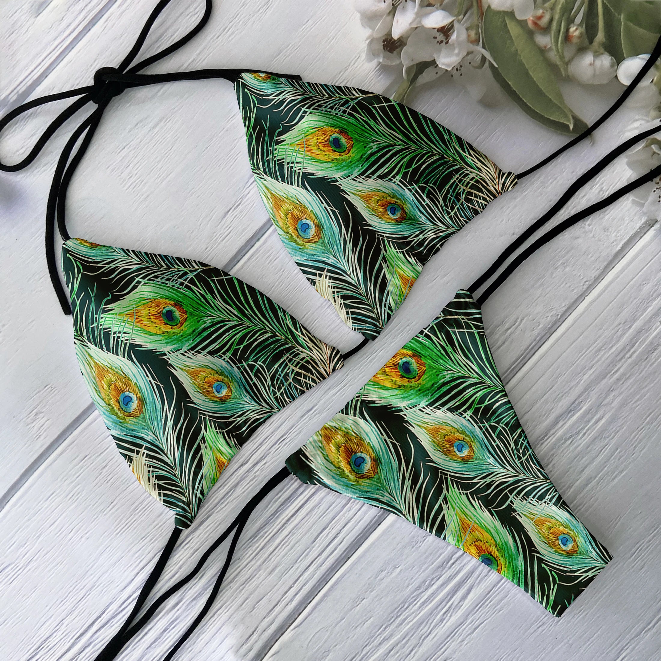 Fashion Ladies 3D Peacock Feather Print Deep V Lace-Up Bikini Set