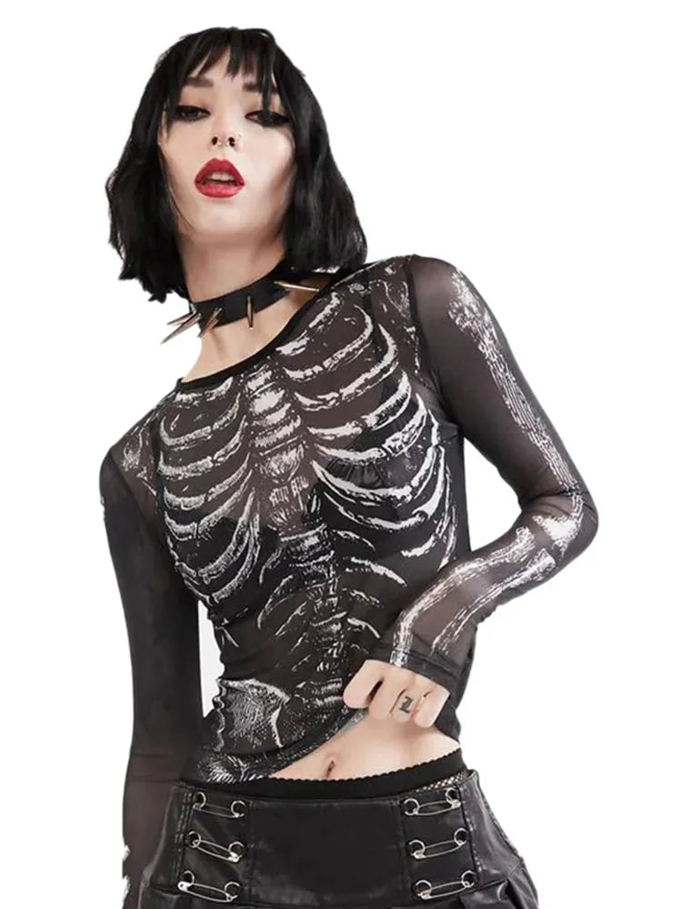 Gothic Punk Shirt Women Skeleton Pattern Crop Top