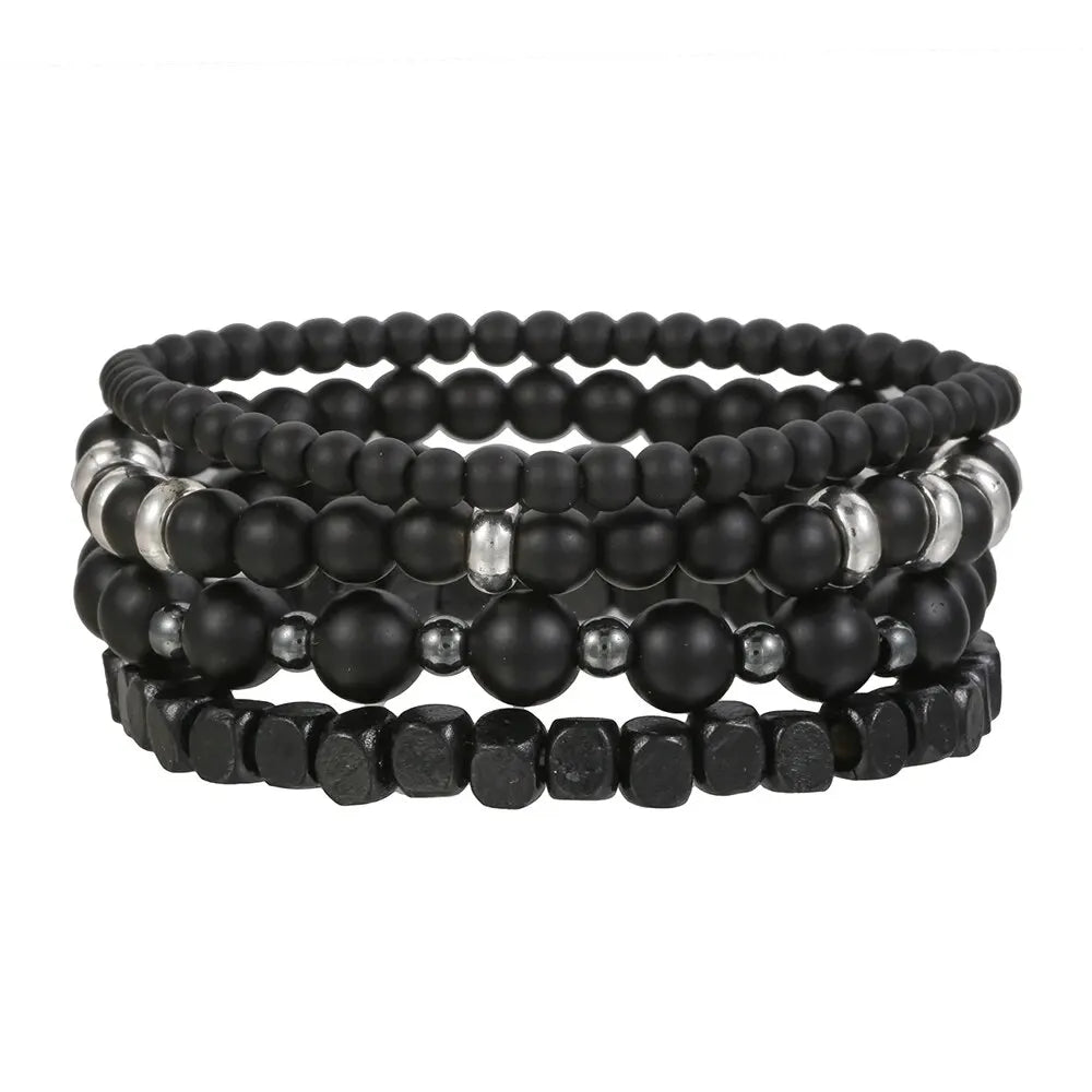 Black Volcanic Stone & Wood Beads Bracelets