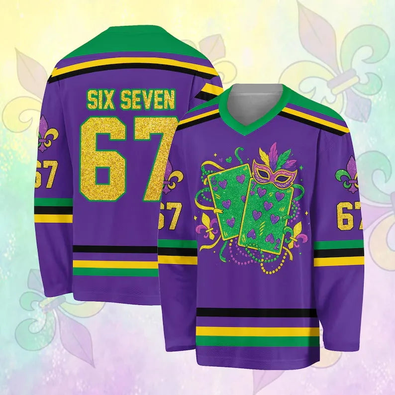 3D Print Mardi Gras Hockey Jersey | Glitter Carnival Long-Sleeve Streetwear T-Shirt