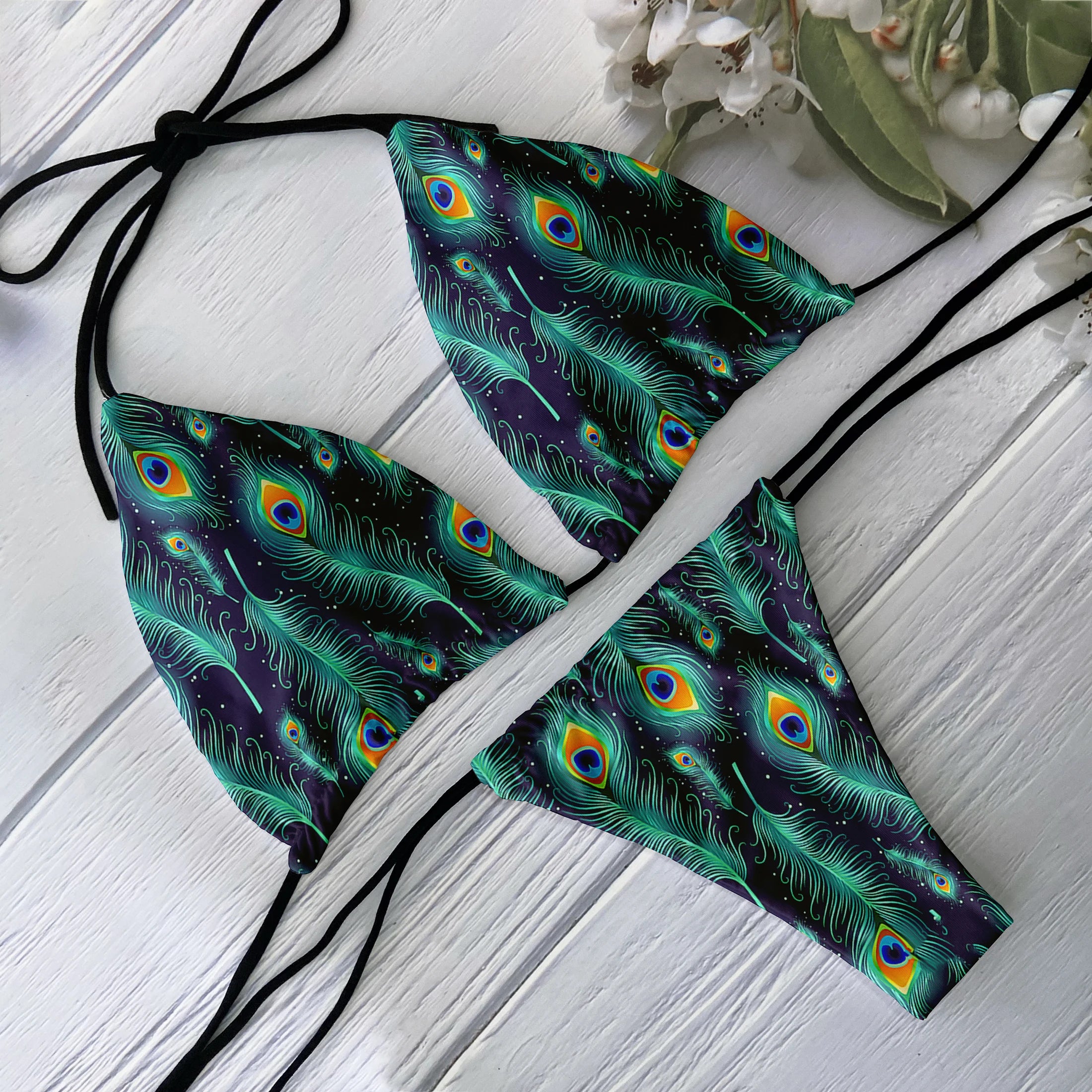 Fashion Ladies 3D Peacock Feather Print Deep V Lace-Up Bikini Set