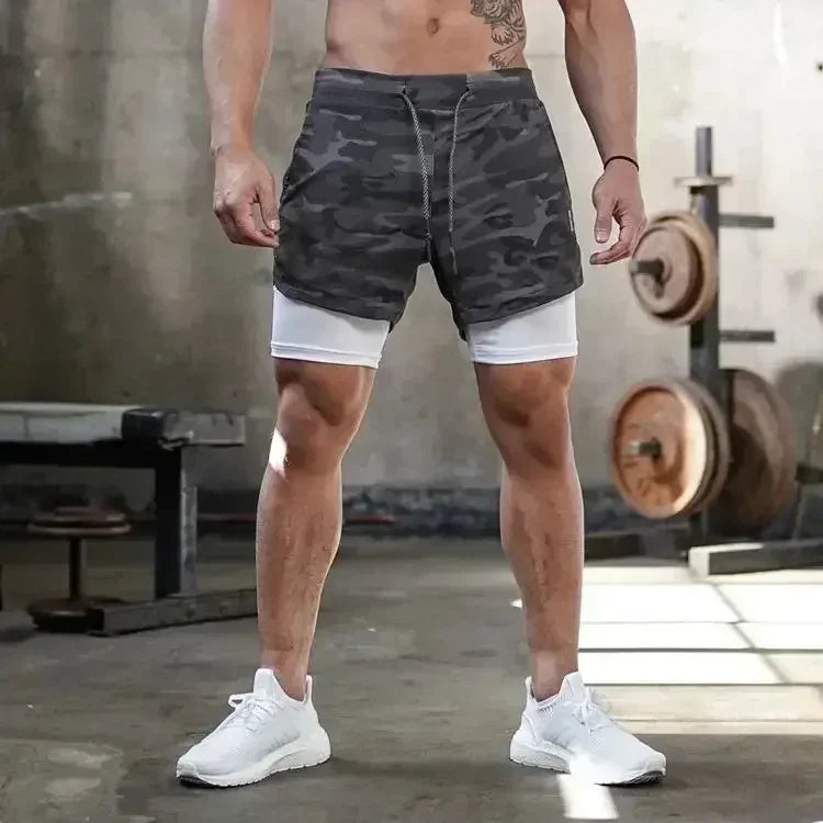Men’s Camo 2-in-1 Running Shorts | Quick-Dry Gym Training Shorts with Built-In Pocket