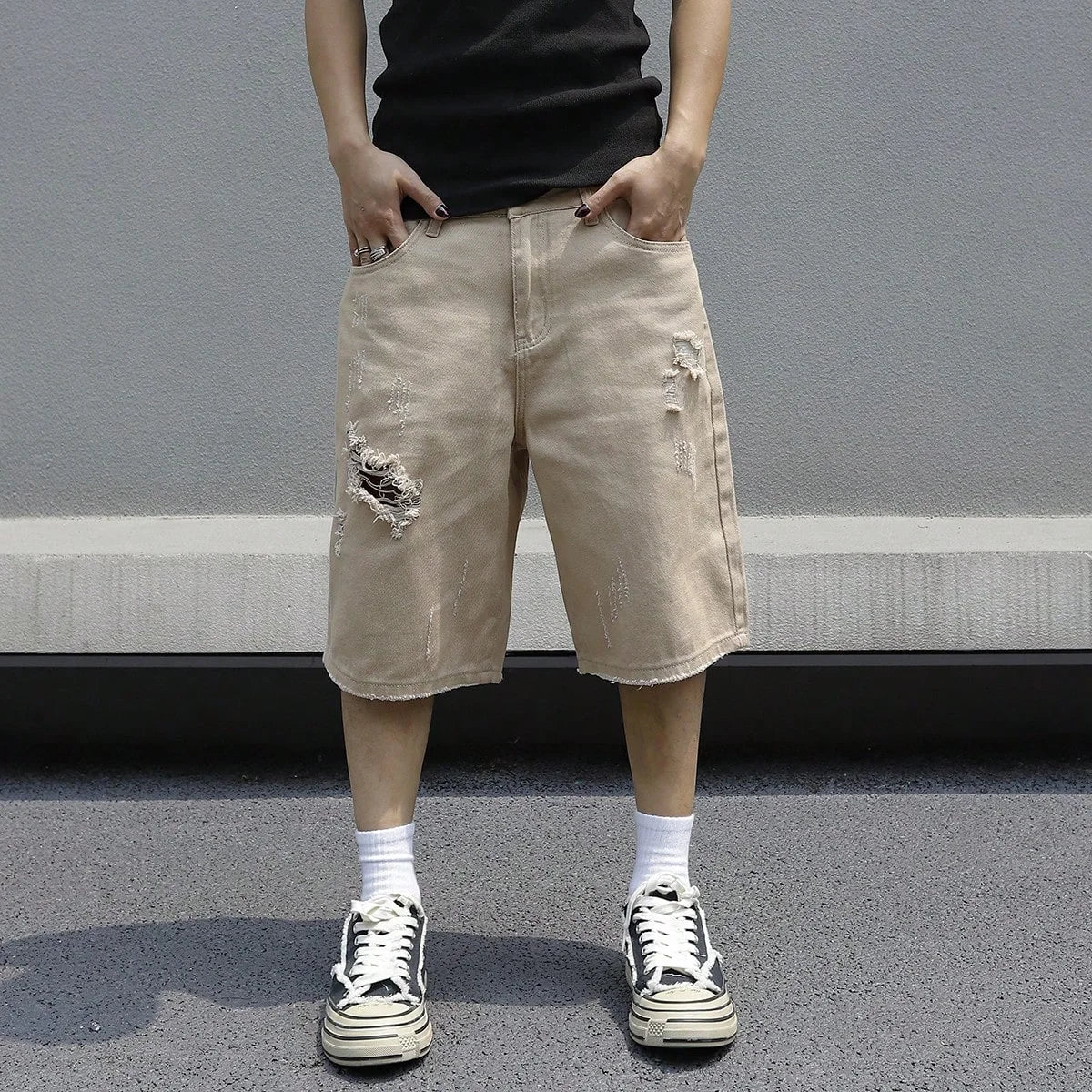 Men’s Baggy Ripped Denim Shorts | Stretchy Knee-Length Streetwear Jeans