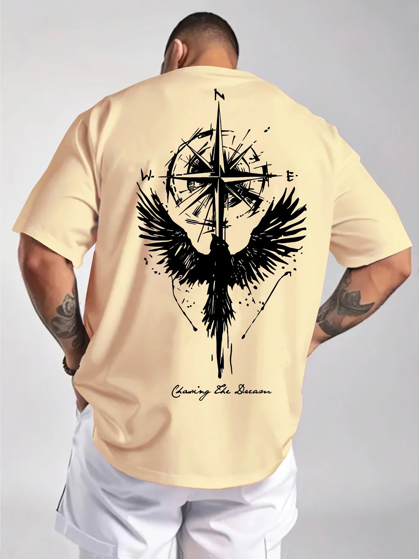 Men’s Cotton Compass & Bird Print T-Shirt