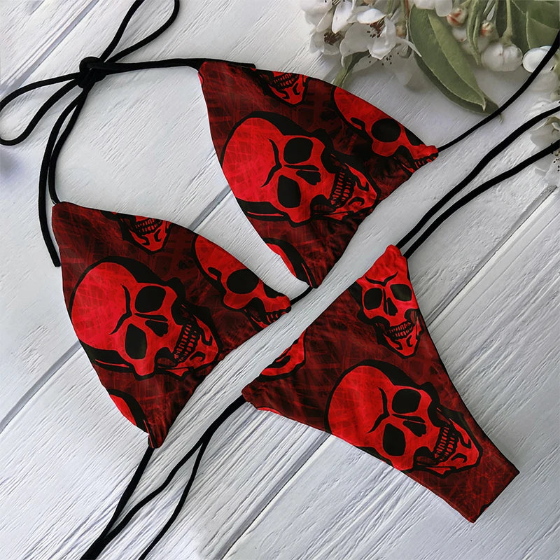 Skull Print Backless Bikini Set