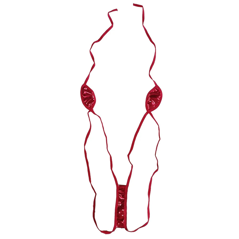 Shiny PU Leather Thong Bikini Set