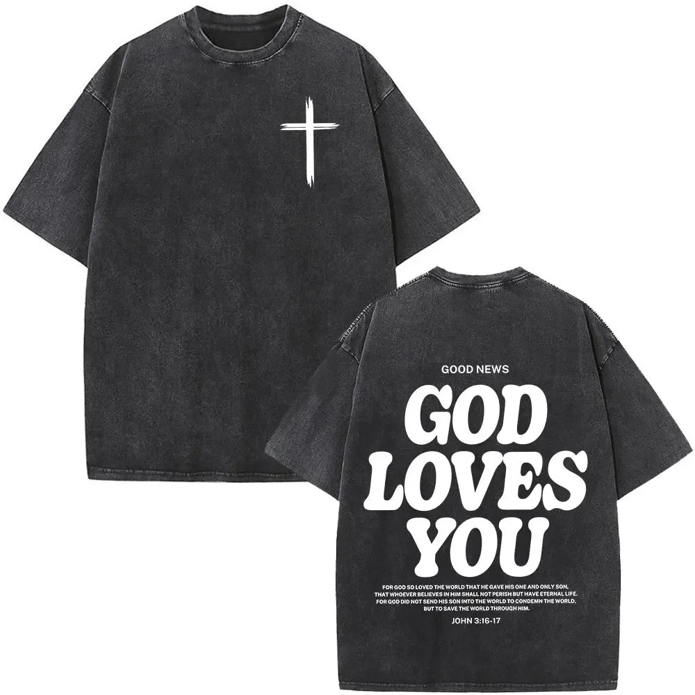 Heart Cross Christian Jesus Faith Over Fear Bible Verse Vintage Washed T-shirts Unisex Fashion Oversized T Shirts Cotton T-shirt