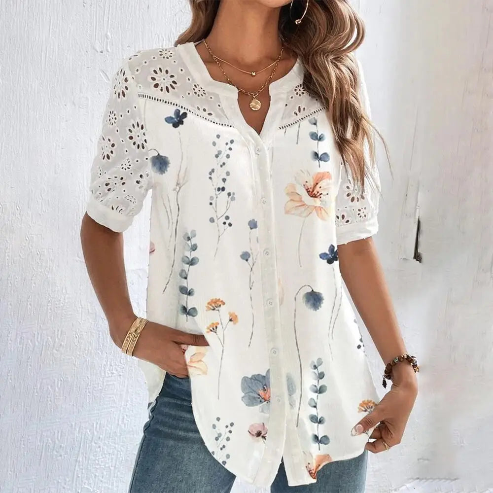 Women’s Lace Casual Short Sleeve Blouse – Elegant Holiday Top