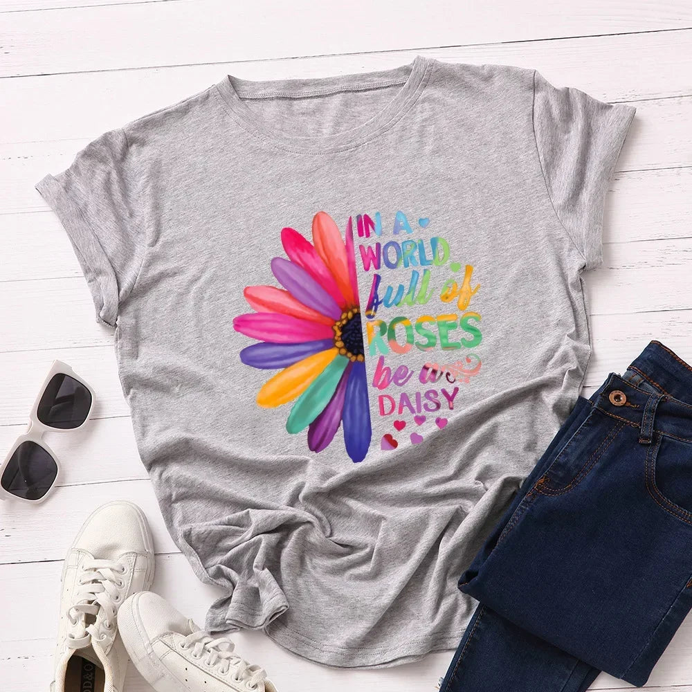 Women’s Daisy & Sunflower Print T-Shirt | Loose Short Sleeve Oversized Tee