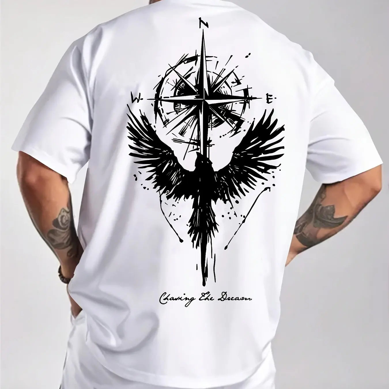 Men’s Cotton Compass & Bird Print T-Shirt