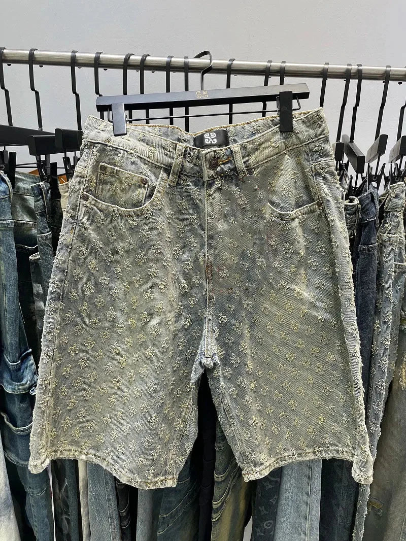 Fashion Casual Summer Light Blue Distressed Men Denim Shorts Smart Straight Leg Loosen Male High Street Niche Design Tide Shorts