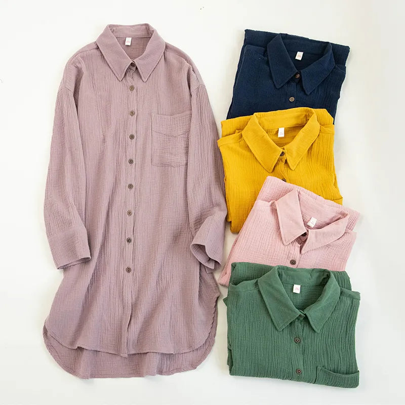 100% Cotton Long Sleeve Chic Shirt Dress with Turn-Down Collar