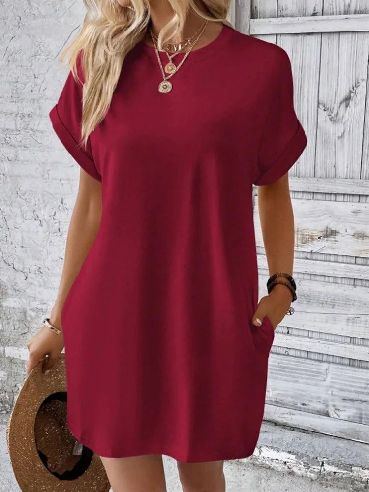 Pure Color Minimalist T-Shirt Dress with Pockets