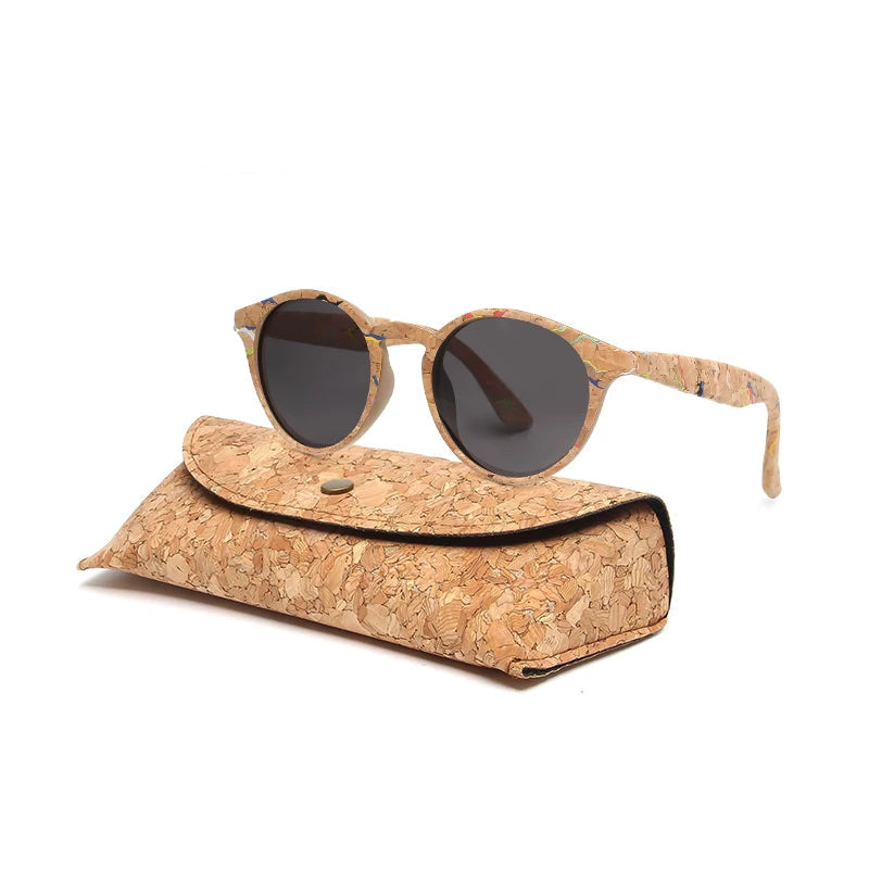 Round Bamboo Grain Polarized Sunglasses with Case – Unisex Wooden Style Shades