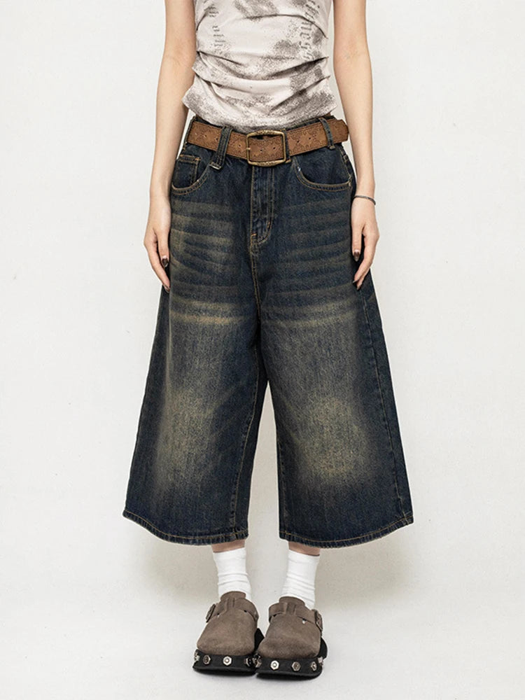 High Waist Black Retro Washed Denim Shorts Women&