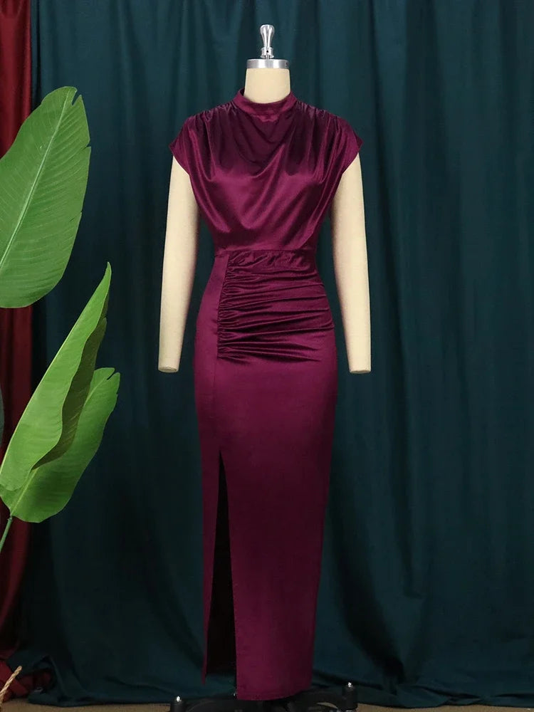 Elegant Wine Red Pleated Maxi Dress
