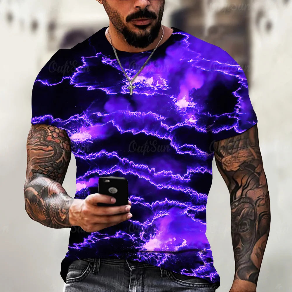 Men’s 3D Lightning Print T-Shirt – Casual Oversized Short Sleeve