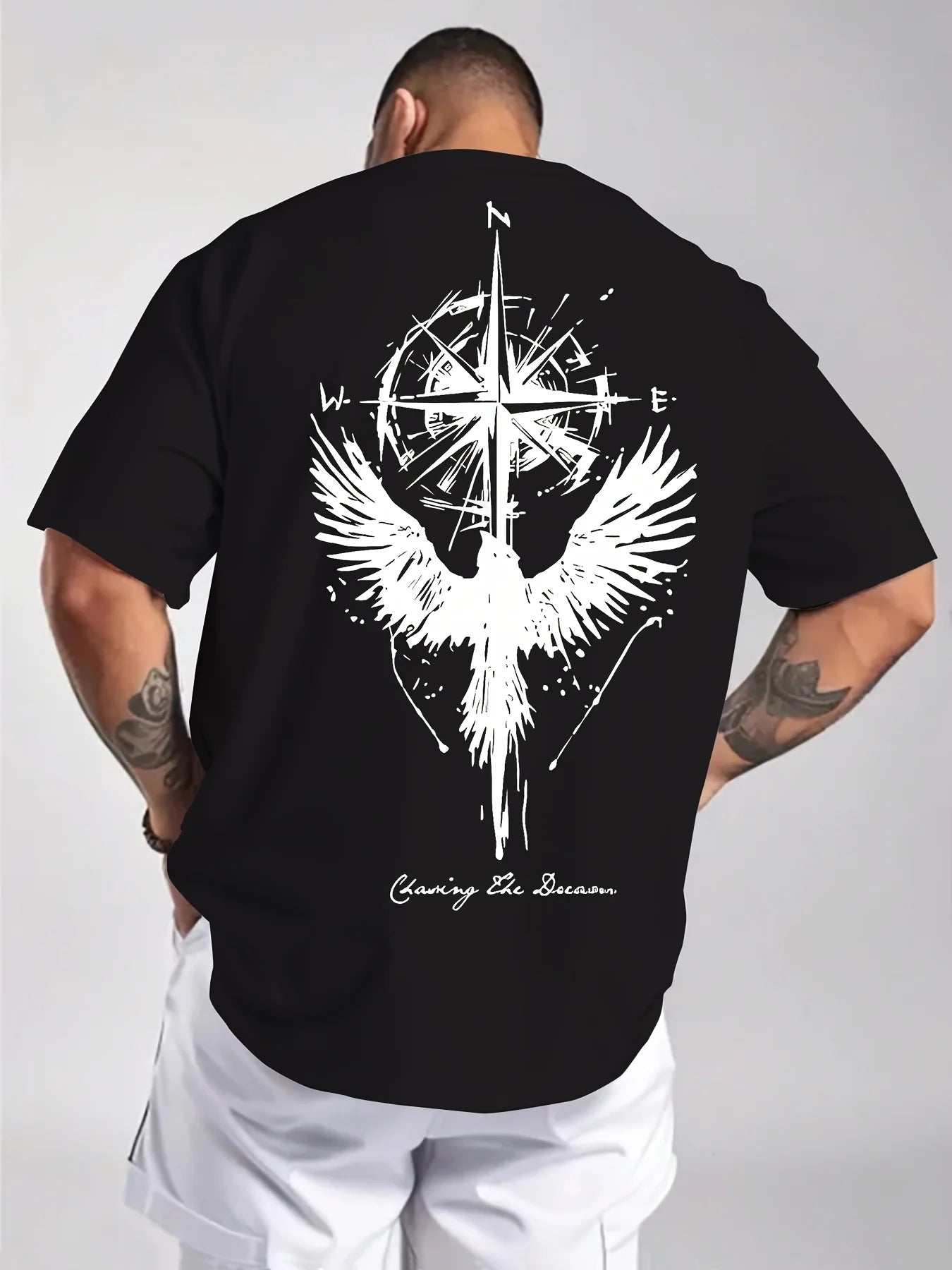 Men’s Cotton Compass & Bird Print T-Shirt