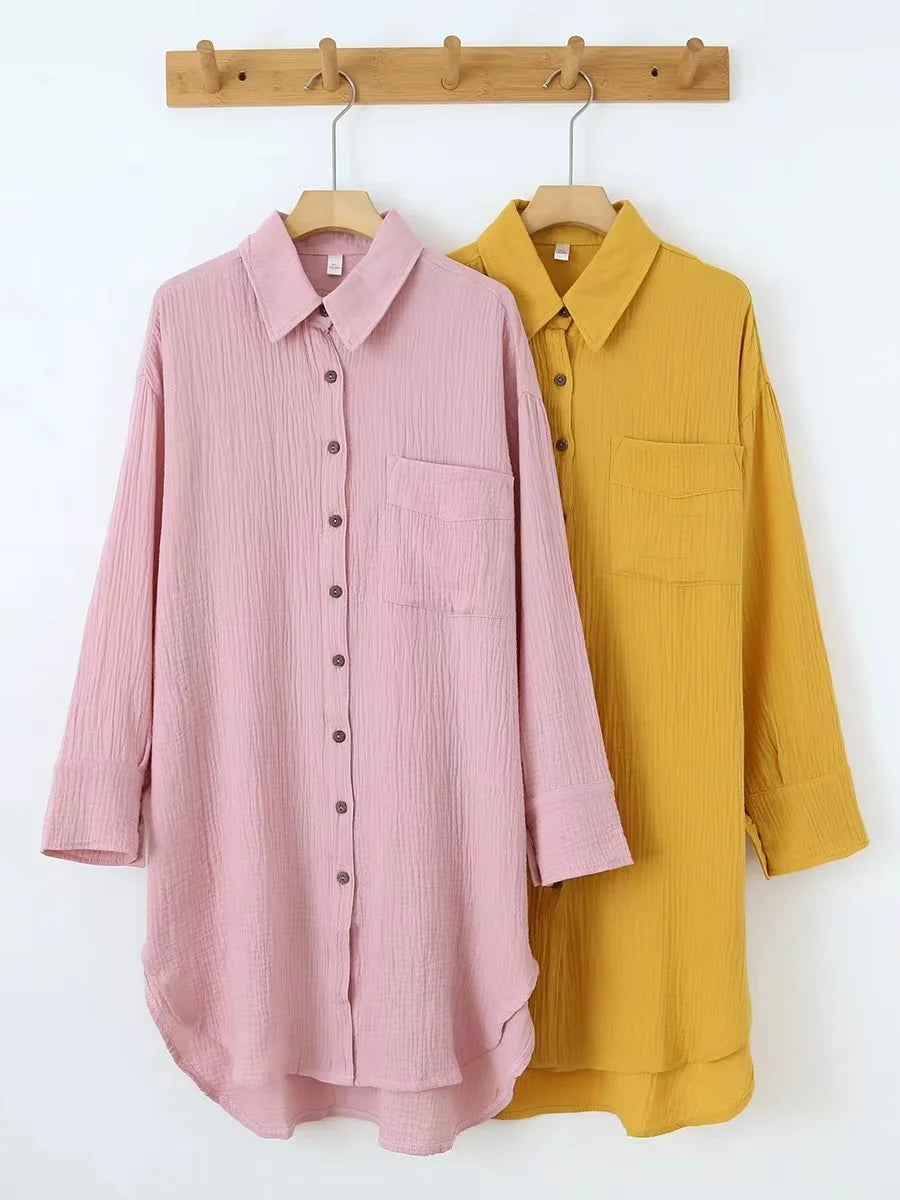 100% Cotton Long Sleeve Chic Shirt Dress with Turn-Down Collar