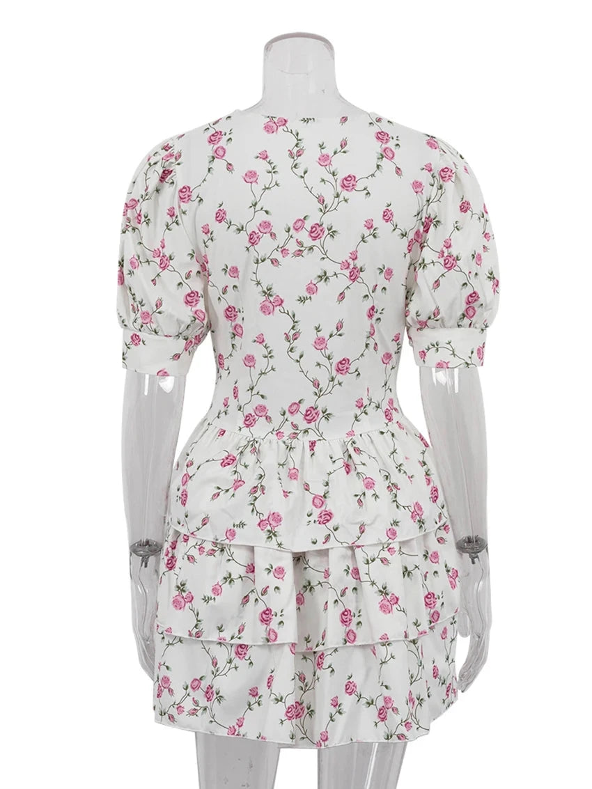 Clacive V-Neck Print Short Sleeve Mini Dress