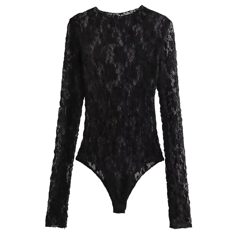 Sexy Hollow Out Long Sleeve Slim Bodysuit, Chic Clubwear