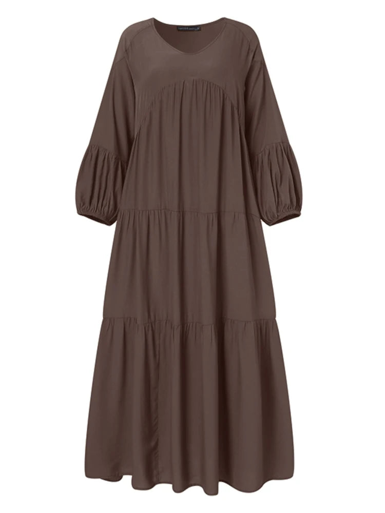 ZANZEA Vintage Ruffle Puff Sleeve Maxi Dress