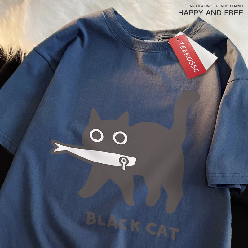 Japanese Style Cat Print Cotton T-Shirt