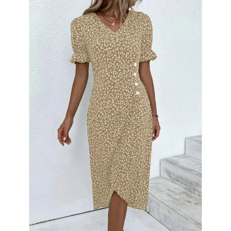 Elegant Floral Pleated Midi Dress with Puff Sleeves for Women