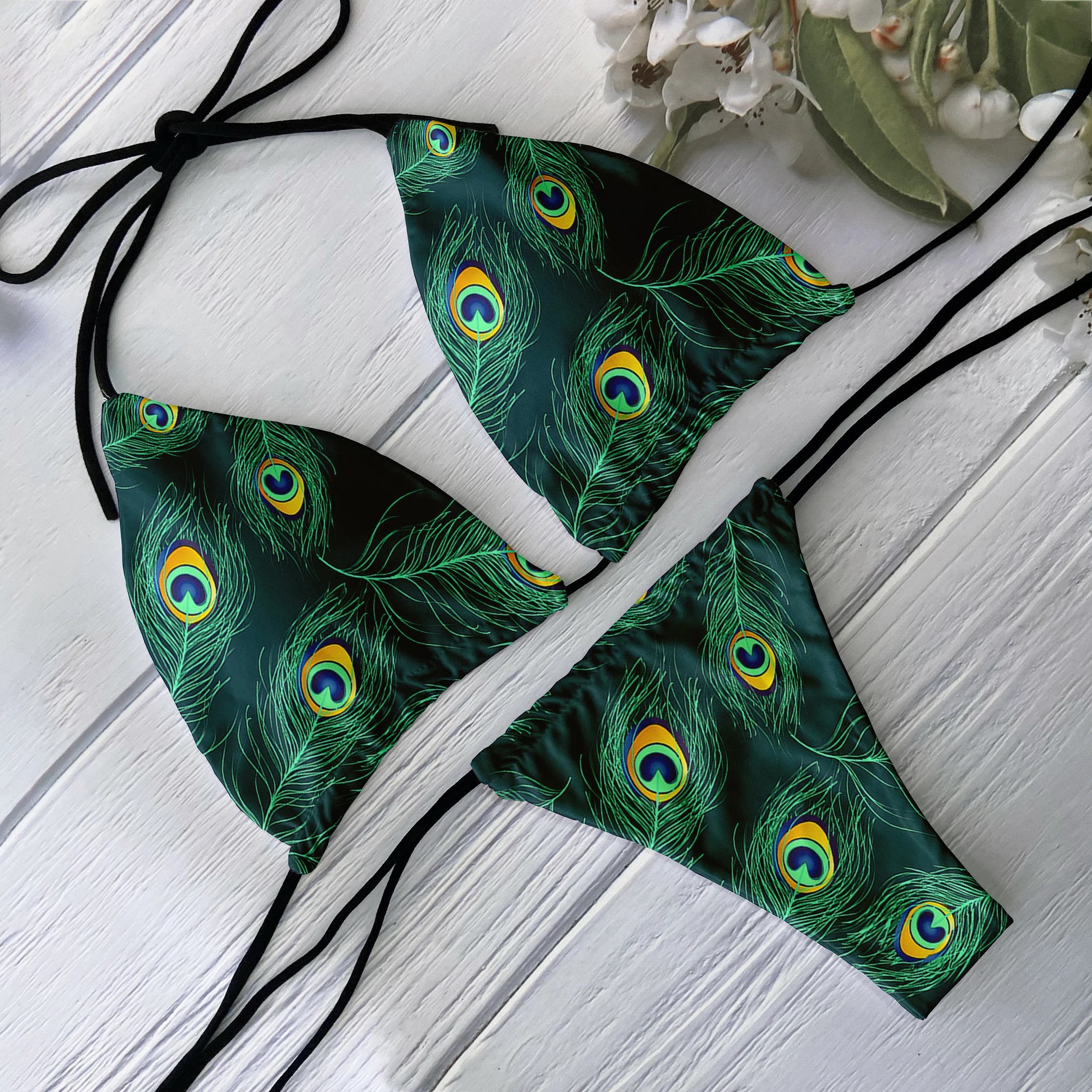 Fashion Ladies 3D Peacock Feather Print Deep V Lace-Up Bikini Set