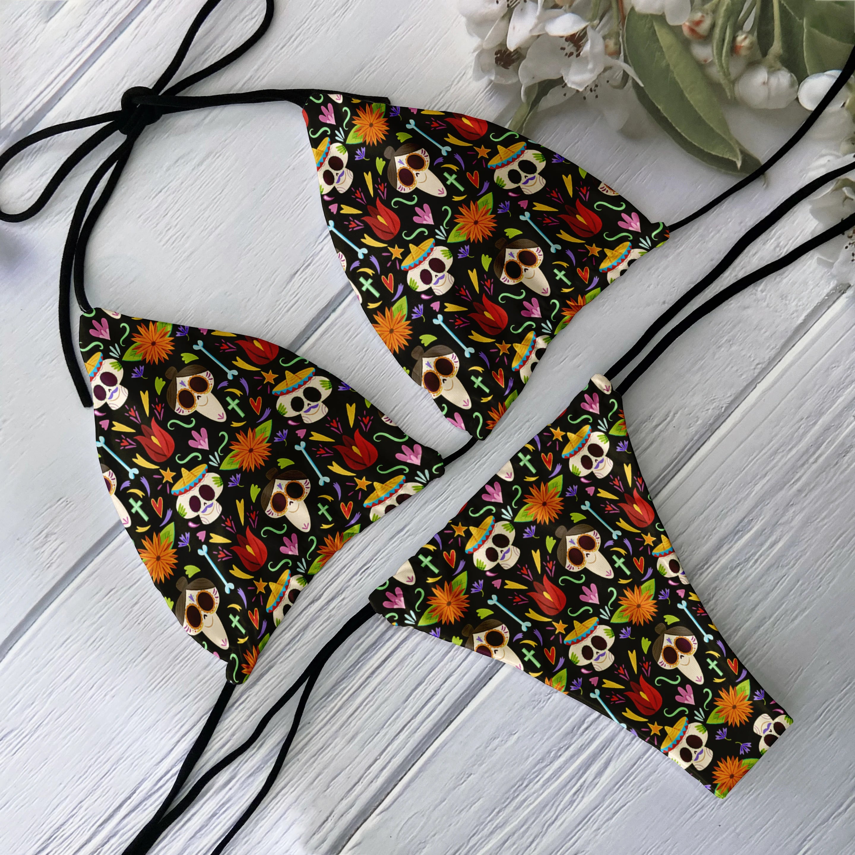 Skull Print Backless Bikini Set
