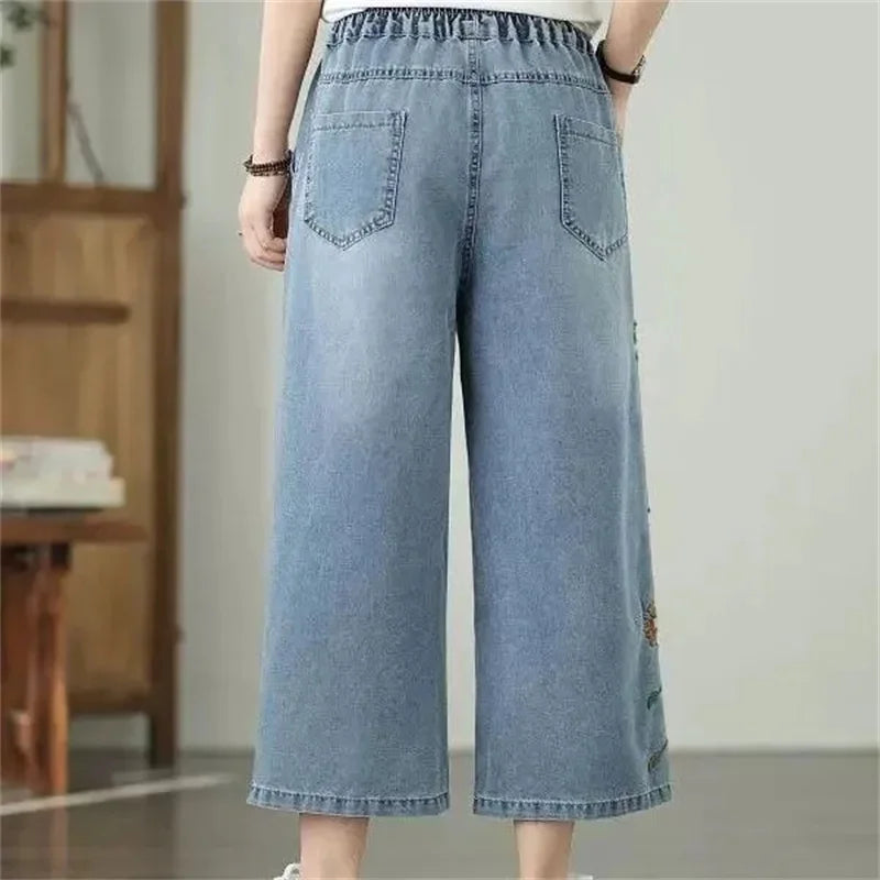 Artistic retro Heavy industry Embroidered Denim Wide leg Pants Spring Summer 2025 New Women&