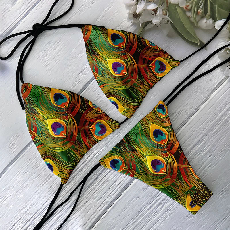Fashion Ladies 3D Peacock Feather Print Deep V Lace-Up Bikini Set