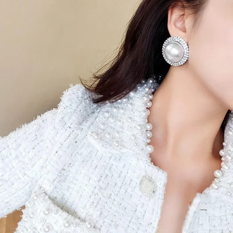 Exaggerated Rhinestone Pearl Stud Earrings for Women