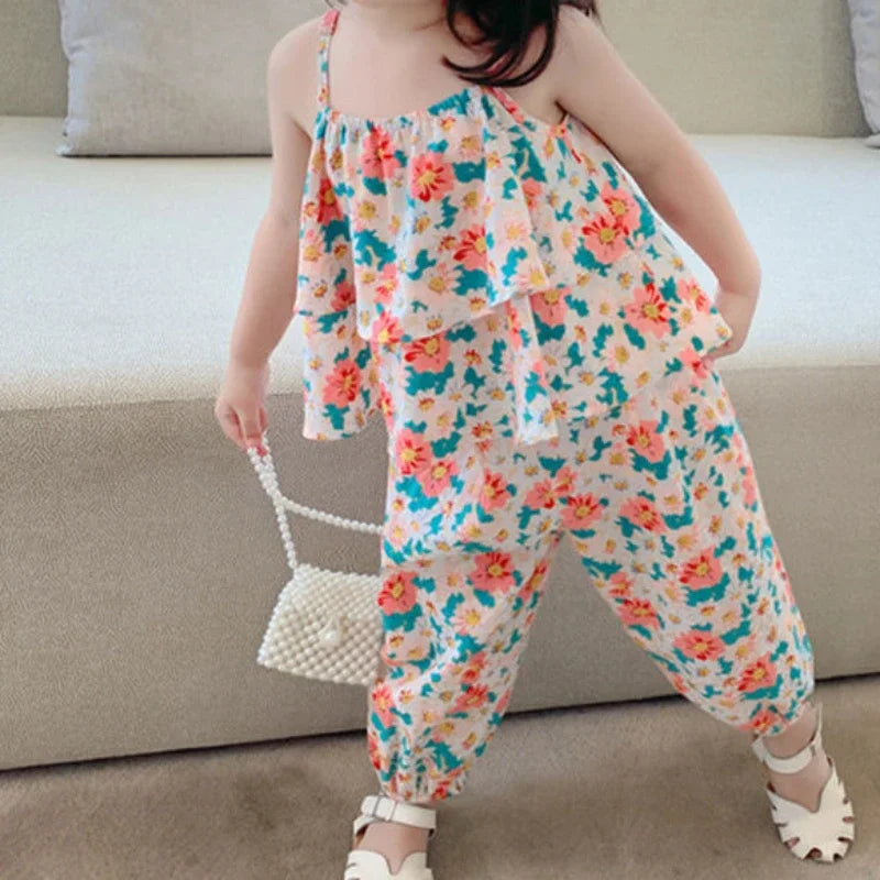 Summer Baby Girls’ Floral Vest & Anti-Mosquito Pants Set
